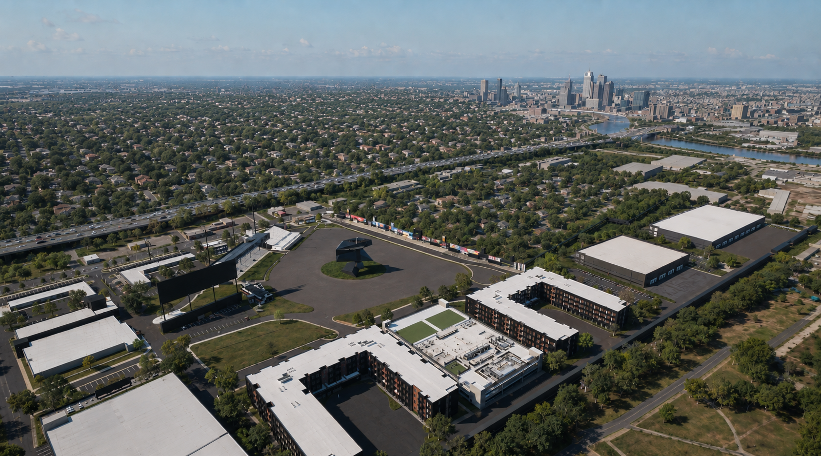 Daytime aerial rendering of Cooper Xchange near downtown Columbus