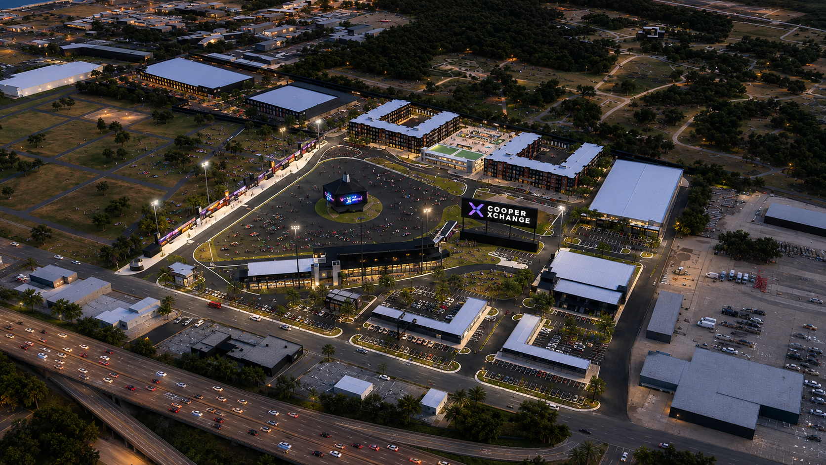 Aerial rendering of Cooper Xchange at night in Columbus, Ohio