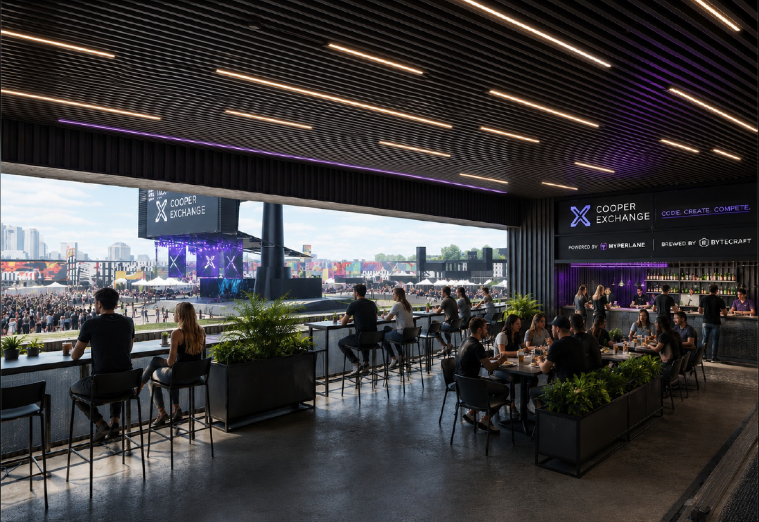 Bar and hospitality space overlooking an outdoor Cooper Xchange event