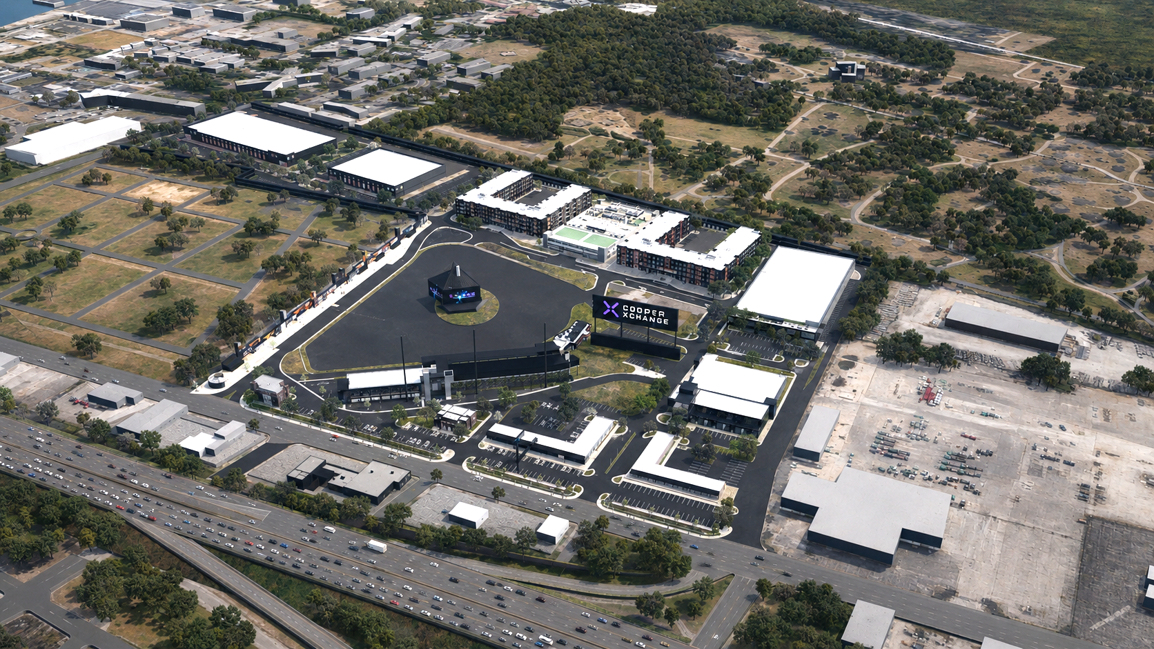 Master plan aerial rendering of Cooper Xchange