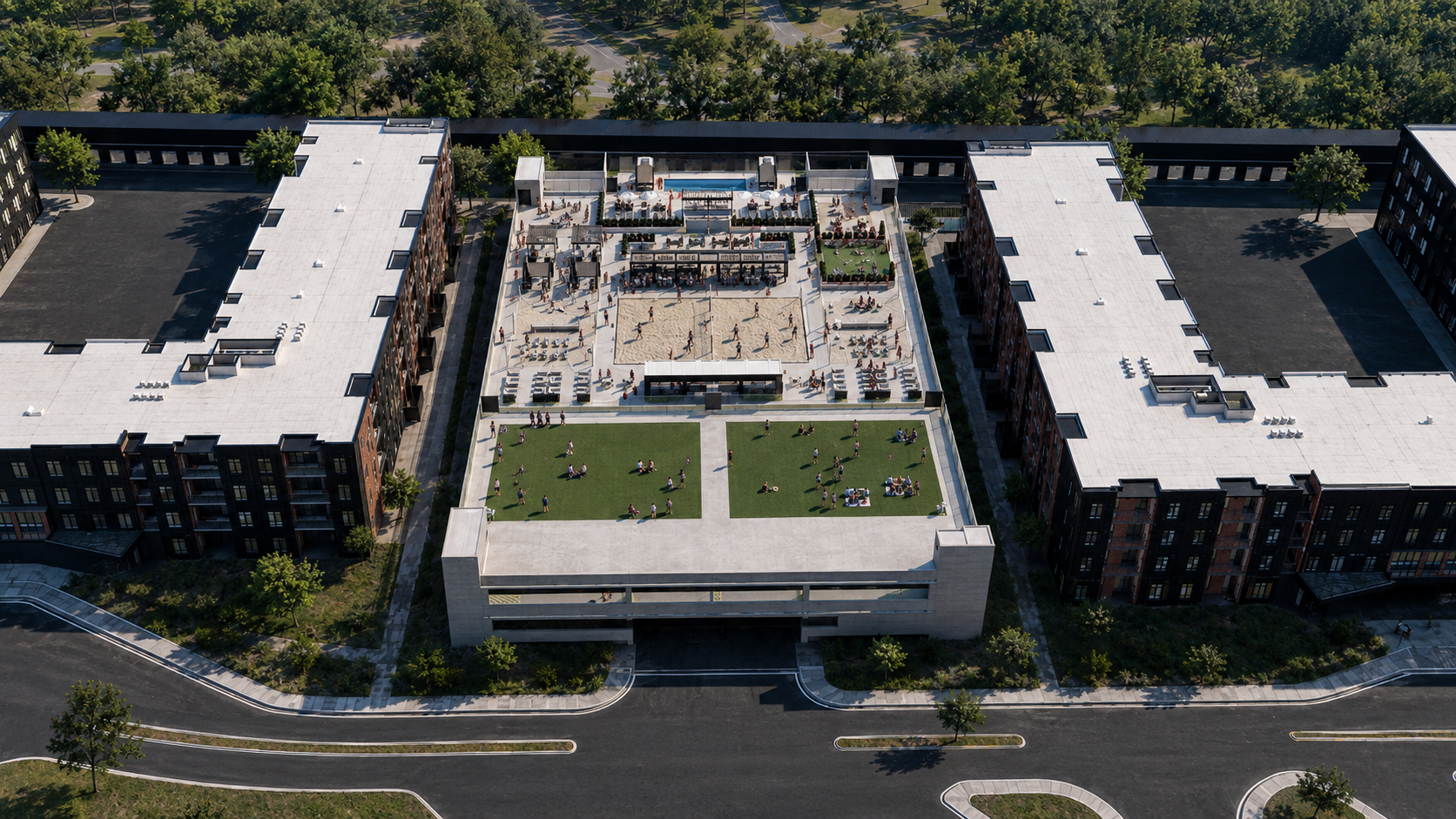 Rooftop amenity deck rendering at Cooper Xchange